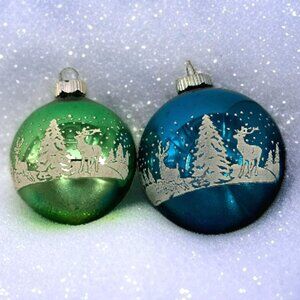 2 VTG Shiny Brite Deer Christmas Tree Ornament Stencil Green Blue Glass Snow MCM